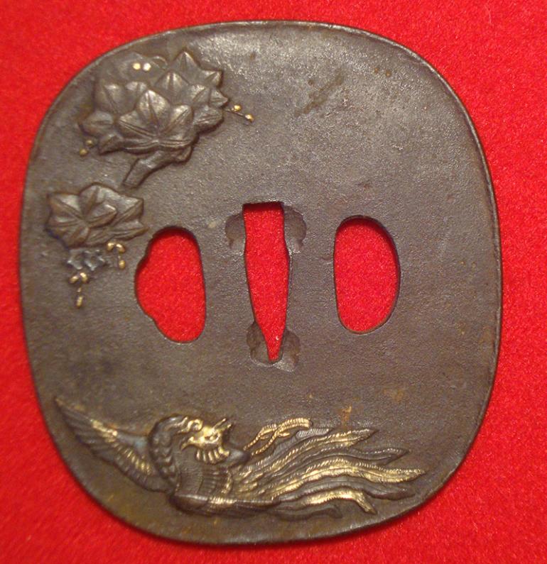 JAPANESE IRON SWORD TSUBA WITH GOLD INLAYS