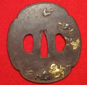 JAPANESE IRON SWORD TSUBA WITH GOLD INLAYS