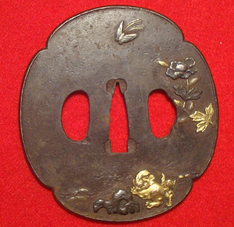 JAPANESE IRON SWORD TSUBA WITH GOLD INLAYS